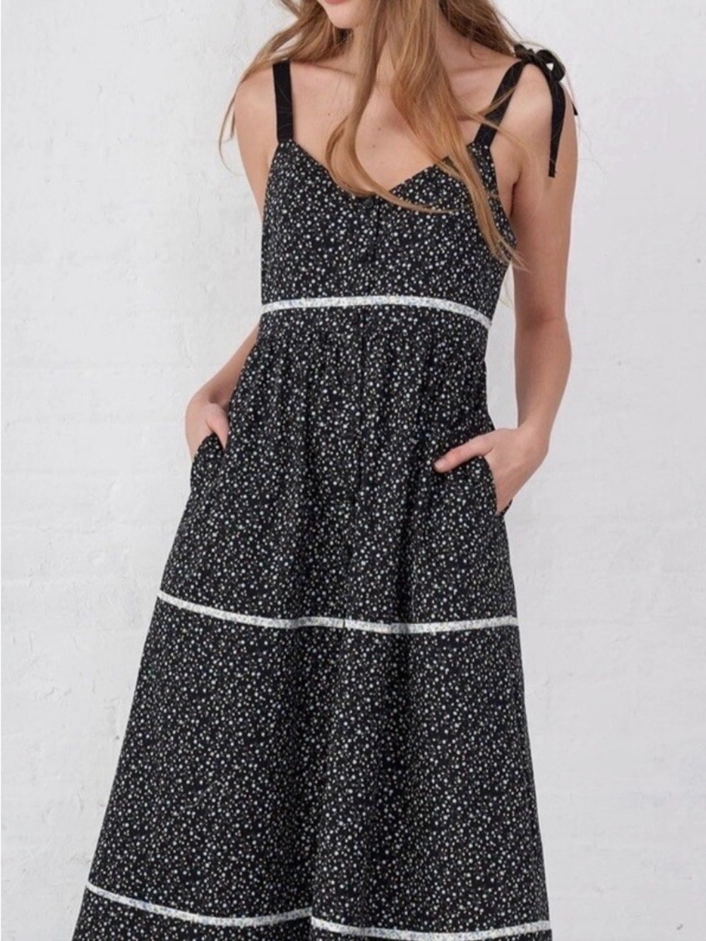 La Ligne Black Floral Tie-Strap Maxi Dress with White Lace Trim